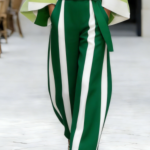 Urban Striped Printing Wide Leg Pants No Belt, Pants, color:As Picture|size:XXL, Stylewe