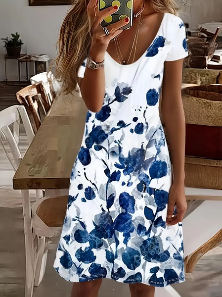 Women Floral Short Sleeve Summer Printing Dress V Neck Daily Casual Midi Fit & Flare Dress A-Line Dress, JustFashionNow Casual Dresses, color:White|size:5XL