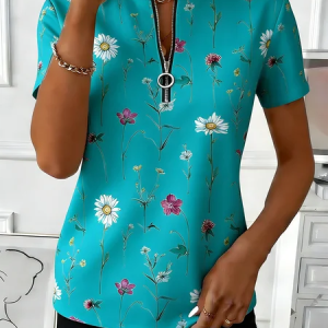 Women Floral Short Sleeve Tee T-shirt Elegant Summer Top, JustFashionNow T-Shirts, color:Gunmetal|size:4XL