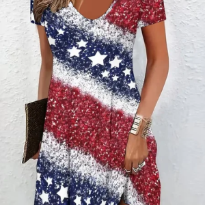 Women America Flag Short Sleeve V Neck Dress Daily Casual Midi Fit & Flare Dress A-Line Summer Dress, JustFashionNow Casual Dresses, color:As Picture|size:5XL