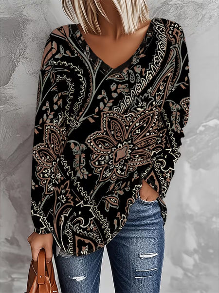 Women Floral Long Sleeve Tee T-shirt V Neck Printing Casual Spring/Fall Graphic Tee Top, JustFashionNow T-Shirts, color:Black|size:XXL - Image 2