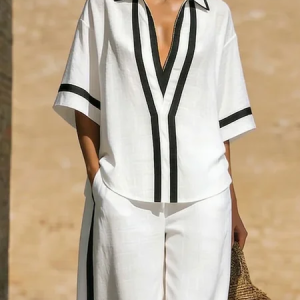 Cotton And Linen Casual Color Block Shirt Collar Shirt, Blouses and Shirts, color:White|size:XXL, Stylewe