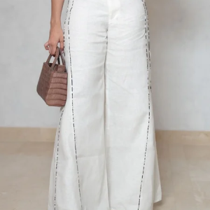 Cotton And Linen Casual Plain Binding Wide Leg Pants, Pants, color:White|size:XXL, Stylewe