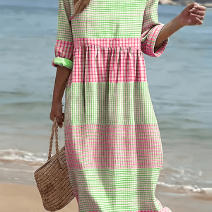 Women Plaid Half Sleeve Crew Neck Printing Dress Daily Casual Maxi H-Line Summer Dress, JustFashionNow Casual Dresses, color:Pink|size:4XL