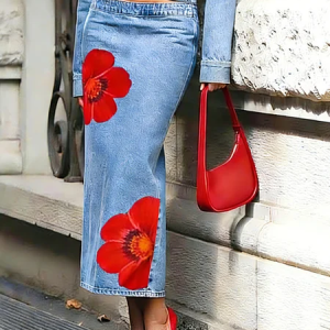 Urban Printing Floral Midi Denim Skirt, Denim Skirts, color:Red|size:XXL, Stylewe