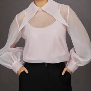 Elegant Organza Shawl Collar Lantern Sleeve Shirt, Blouses and Shirts, color:Pink|size:XXL, Stylewe
