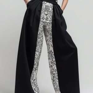 Urban Random Print Split Joint Wide Leg Pants, Pants, color:Black-white|size:XXL, Stylewe