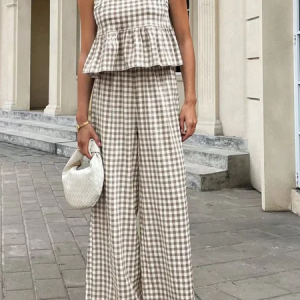 Women Plaid Split Joint Two-Piece Set Daily Half Sleeve Casual Summer Top With Pants Matching Set, JustFashionNow Suit Set, color:Coffee|size:XXL