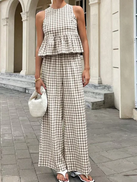 Women Plaid Split Joint Two-Piece Set Daily Half Sleeve Casual Summer Top With Pants Matching Set, JustFashionNow Suit Set, color:Coffee|size:XXL