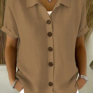 Women Plain Shirt Collar Short Sleeve Shirt Casual Daily Summer Top, JustFashionNow Blouses, color:Khaki|size:3XL