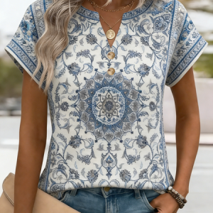 Women Nationality/ethnic Short Sleeve Tee T-shirt V Neck Elegant Summer Top, JustFashionNow T-Shirts, color:Color5|size:4XL