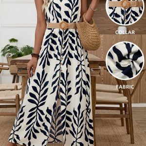 Women Leaf Sleeveless Crew Neck Printing Dress Daily Casual Maxi Tank A-Line Summer Dress, JustFashionNow Dresses, color:Purplish Blue|size:XL