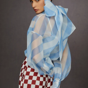 Urban Sheer Striped Blouse with Bow Tie Neck, Blouses and Shirts, color:Blue|size:XXL, Stylewe