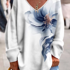 Women Floral Long Sleeve Tee T-shirt V Neck Printing Casual Spring/Fall Top, JustFashionNow T-Shirts, color:White|size:4XL