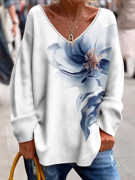 Women Floral Long Sleeve Tee T-shirt V Neck Printing Casual Spring/Fall Top, JustFashionNow T-Shirts, color:White|size:4XL