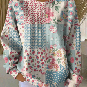 Women Floral Crew Neck Printing Casual Spring/Fall Long Sleeve Sweatshirt, JustFashionNow Sweatshirts & Hoodies, color:Blue|size:5XL