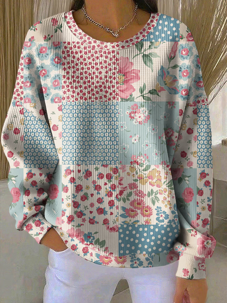 Women Floral Crew Neck Printing Casual Spring/Fall Long Sleeve Sweatshirt, JustFashionNow Sweatshirts & Hoodies, color:Blue|size:5XL