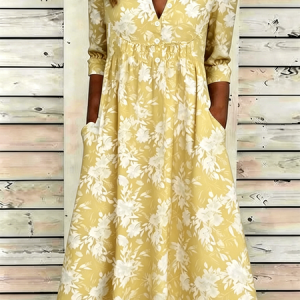 Women Floral Half Sleeve Half Open Collar Dress Daily Vintage Maxi A-Line Summer Dress, JustFashionNow Dresses, color:Yellow|size:5XL