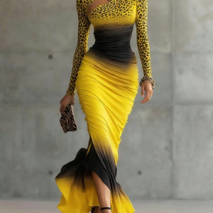 Elegant Leopard Printing Stand Collar Maxi Dress, Maxi Dresses, color:Yellow|size:XXL, Stylewe
