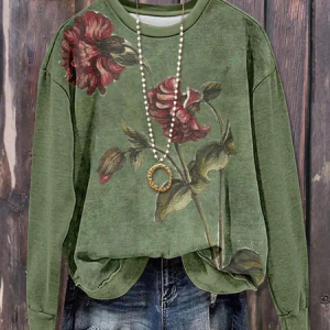 Women Floral Crew Neck Printing Casual Spring/Fall Long Sleeve Sweatshirt, JustFashionNow Sweatshirts & Hoodies, color:Green|size:XXL