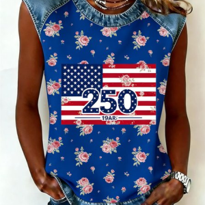 Women Floral Sleeveless Tee T-shirt Crew Neck Vintage Summer Top, JustFashionNow T-Shirts, color:Blue|size:4XL