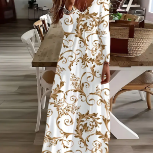 Women Floral Long Sleeve Spring/Fall Printing Dress V Neck Daily Casual Maxi H-Line Dress, JustFashionNow Casual Dresses, color:White|size:5XL