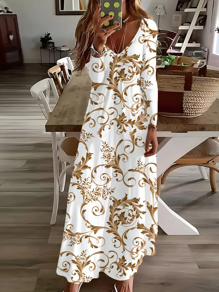 Women Floral Long Sleeve Spring/Fall Printing Dress V Neck Daily Casual Maxi H-Line Dress, JustFashionNow Casual Dresses, color:White|size:5XL