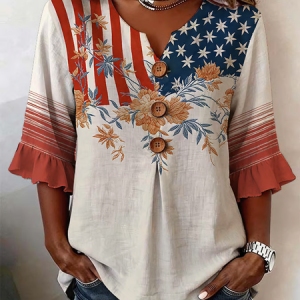 Women Floral V Neck Half Sleeve Blouse Printing Vintage Daily Summer Top, JustFashionNow Blouses, color:As Picture|size:5XL