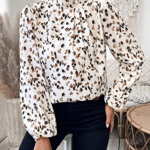Women Leopard Mock Neck Long Sleeve Shirt Printing Casual Daily Spring/Fall Top, JustFashionNow Blouses, color:Off White|size:XXL
