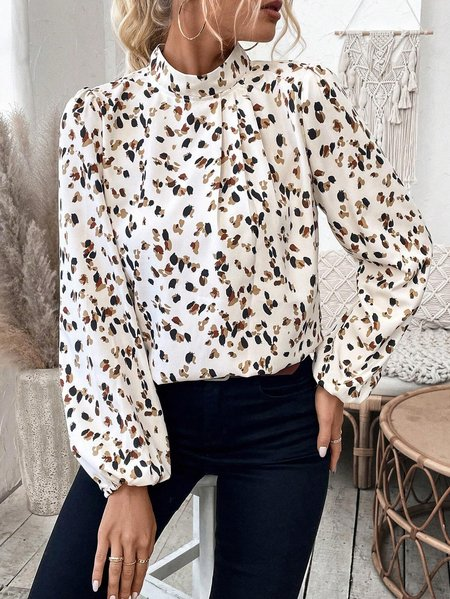 Women Leopard Mock Neck Long Sleeve Shirt Printing Casual Daily Spring/Fall Top, JustFashionNow Blouses, color:Off White|size:XXL