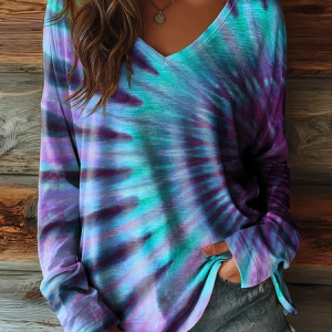 Women Abstract Long Sleeve Tee T-shirt V Neck Printing Casual Graphic Tee Spring/Fall Top, JustFashionNow T-Shirts, color:As Picture|size:4XL