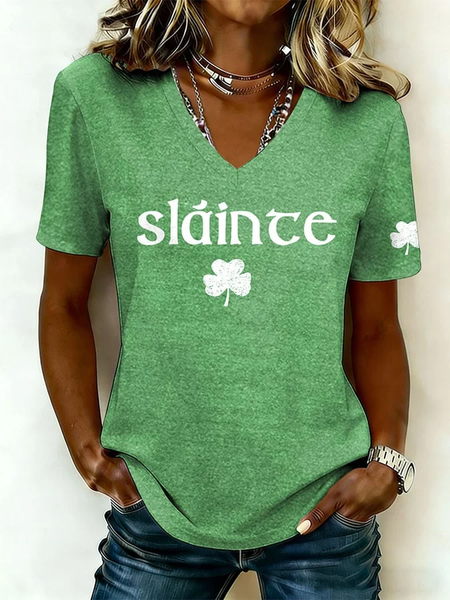 Women Shamrock Short Sleeve Tee T-shirt V Neck Casual Summer Top, JustFashionNow T-Shirts, color:Green|size:XXL - Image 3