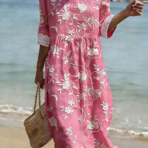 Women Floral Half Sleeve Crew Neck Printing Dress Daily Casual Maxi H-Line Summer Dress, JustFashionNow Casual Dresses, color:Pink|size:4XL