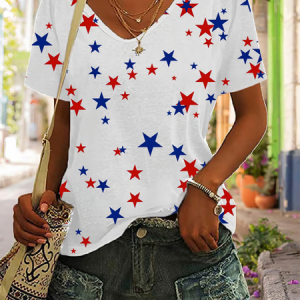 Women Star Short Sleeve Tee T-shirt V Neck Printing Casual Graphic Tee Summer Top, JustFashionNow T-Shirts, color:White|size:XXL