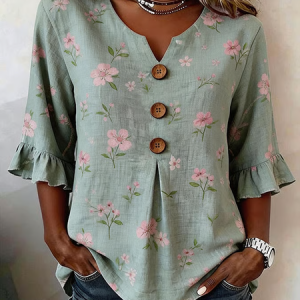 V Neck Half Sleeve Floral Printing Regular Micro-Elasticity Regular Fit Blouse For Women, Blouses, color:Green|size:5XL, catalog Noracora shop