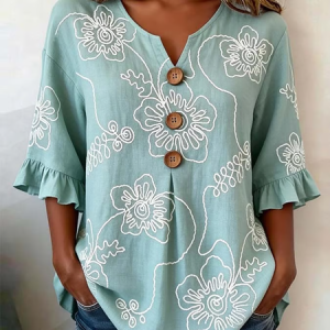 Women Floral V Neck Half Sleeve Blouse Printing Vintage Daily Summer Top, JustFashionNow Blouses, color:Cyan|size:5XL