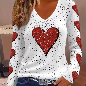 Women Heart/Cordate Long Sleeve Tee T-shirt V Neck Printing Casual Graphic Tee Spring/Fall Top, JustFashionNow T-Shirts, color:White|size:XXL