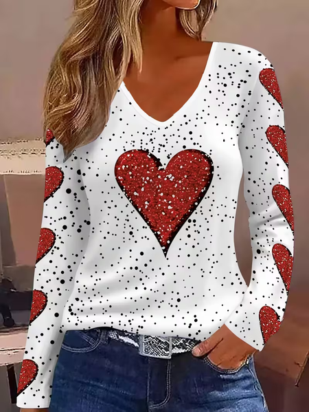 Women Heart/Cordate Long Sleeve Tee T-shirt V Neck Printing Casual Graphic Tee Spring/Fall Top, JustFashionNow T-Shirts, color:White|size:XXL