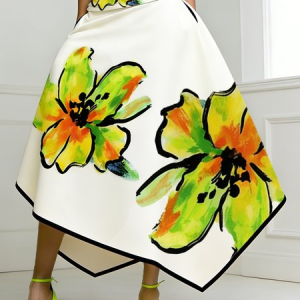 Elegant Printing Floral Midi Skirt, Skirts, color:Green|size:XXL, Stylewe