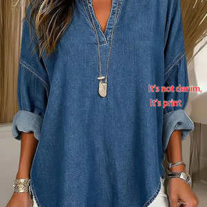 Women Faux Denim Print Graphic V Neck Long Sleeve Blouse Printing Casual Daily Spring/Fall Top, JustFashionNow Blouses, color:Blue|size:5XL
