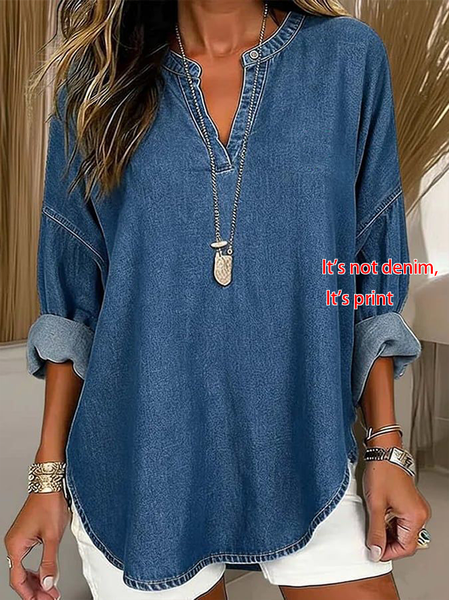 Women Faux Denim Print Graphic V Neck Long Sleeve Blouse Printing Casual Daily Spring/Fall Top, JustFashionNow Blouses, color:Blue|size:5XL