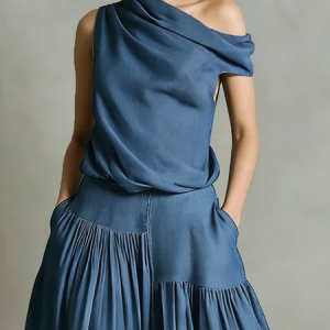 Soft Tencel Denim Casual Plain Asymmetrical Top, Tops, color:Blue|size:XXL, Stylewe