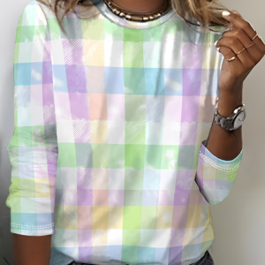 Casual Plaid Crew Neck Long Sleeve T-shirt, T-shirts, color:As Picture|size:XXL, catalog Noracora shop