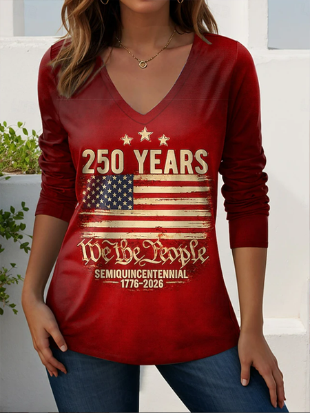 Women Text Letters Long Sleeve Tee T-shirt V Neck Printing Casual Graphic Tee Spring/Fall Top, JustFashionNow T-Shirts, color:Red|size:4XL
