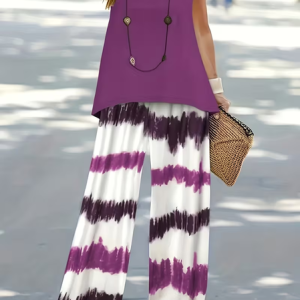 Women Abstract Stripes Printing Two-Piece Set Daily Sleeveless Casual Summer Multi-Piece Set Matching Set, JustFashionNow Suit Set, color:Purple|size:XXL