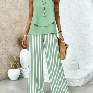 Women Striped Printing Two-Piece Set Daily Sleeveless Casual Summer Top With Pants Matching Set, JustFashionNow Suit Set, color:Green|size:XXL