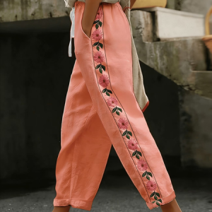 Women Floral Long Pants Casual Spring/Fall Trousers, JustFashionNow Pants, color:Orange|size:5XL