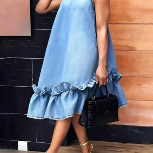 Denim Urban Plain Peplum Crew Neck Midi Dress, Midi Dresses, color:Denim Blue|size:XXL, Stylewe