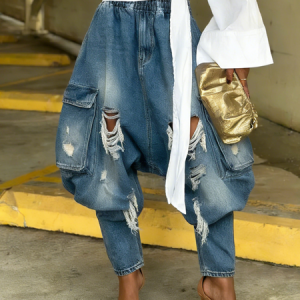 Urban Distressed Harem Jeans Elastic Waist Cargo Pocket Baggy Denim, Jeans, color:Denim Blue|size:XXL, Stylewe