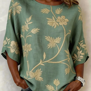 Crew Neck Half Sleeve Floral Printing Regular Micro-Elasticity Regular Fit Blouse For Women, Blouses, color:Green|size:5XL, catalog Noracora shop